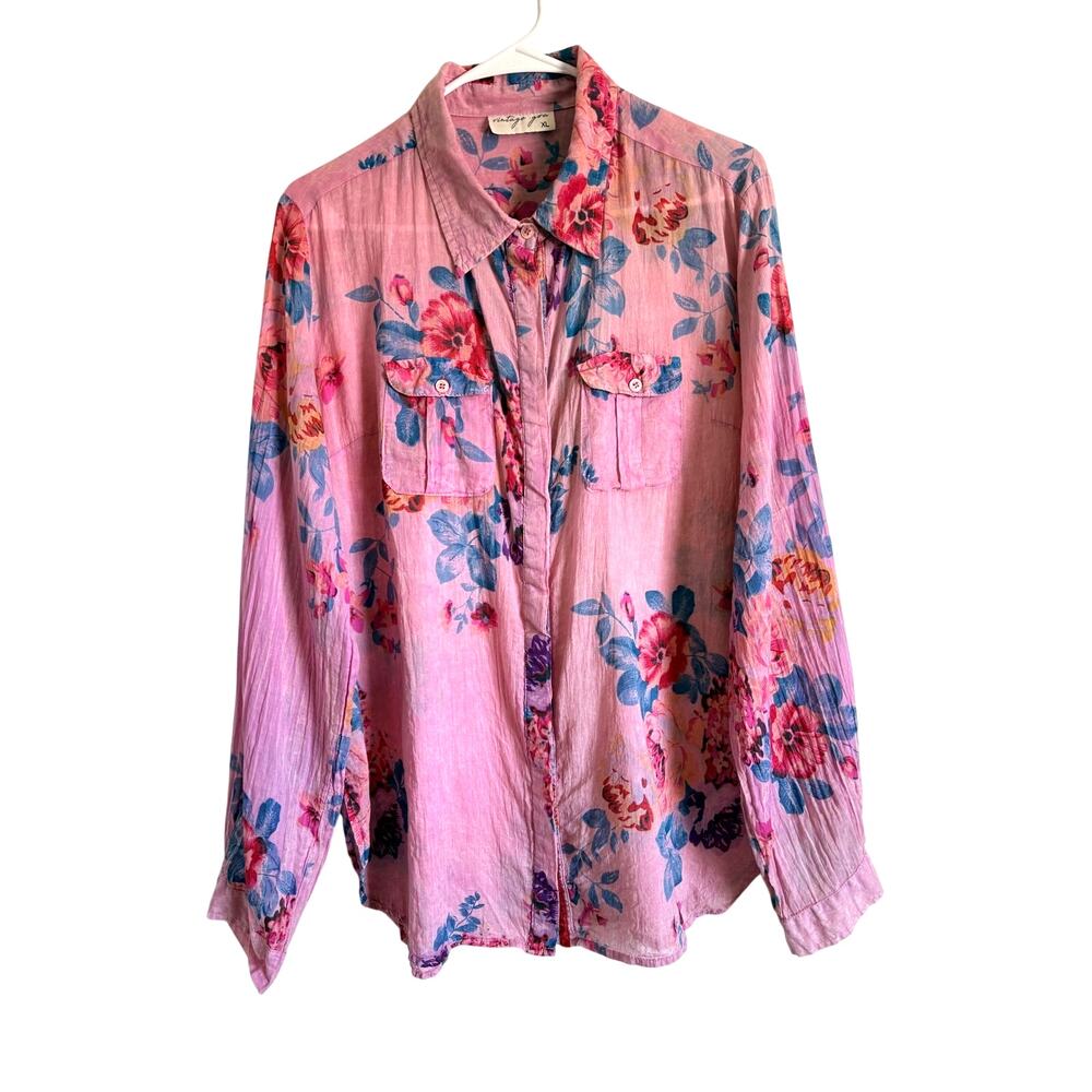 Vintage Goa Button Up Shirt Floral Sheer Gauzy Pink XL Boho Chic Y2k Inspired